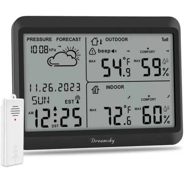 DreamSky Weather Station Indoor Outdoor Thermometer Wireless  Atomic Clock with IndoorOutdoor Temp Date ampamp Day Battery Powered Home Weather Forecast Clock with Inside Outside Temperature HumidityBlack