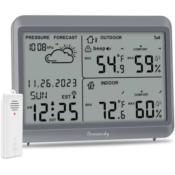 DreamSky Weather Station Indoor Outdoor Thermometer Wireless  Atomic Clock with IndoorOutdoor Temp Date ampamp Day Battery Powered Home Weather Forecast Clock with Inside Outside Temperature HumidityGrey