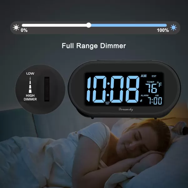 imageDreamSky Alarm Clocks for Bedrooms Auto Set Digital Desk Clock for Bedside Nightstand Electric Clock with Dimmable Brightness Dimmer Auto DST USB Port Date Temperature SnoozeBlack