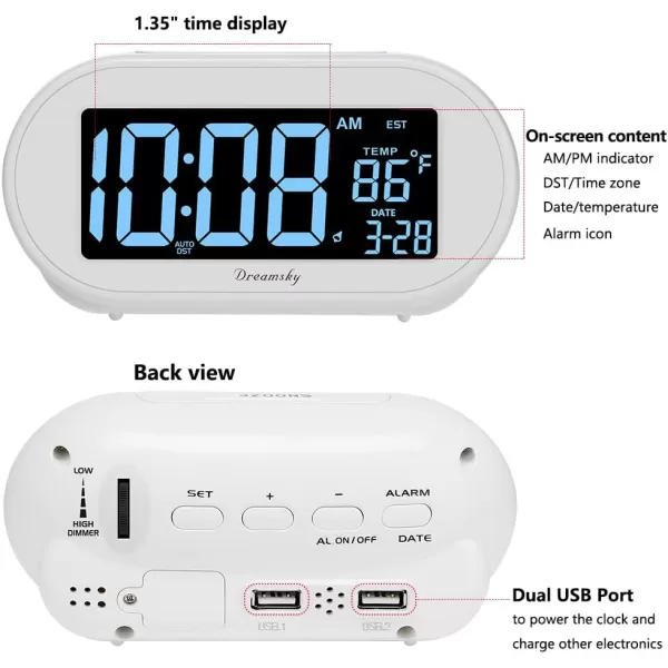 imageDreamSky Alarm Clocks for Bedrooms Auto Set Digital Desk Clock for Bedside Nightstand Electric Clock with Dimmable Brightness Dimmer Auto DST USB Port Date Temperature SnoozeWhite