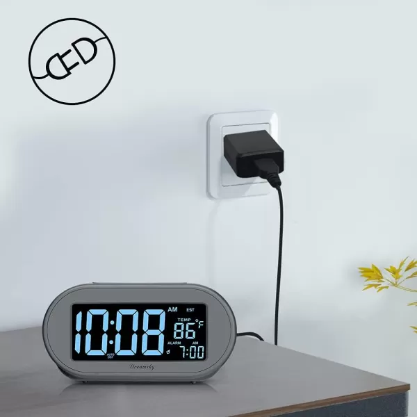 imageDreamSky Alarm Clocks for Bedrooms Auto Set Digital Desk Clock for Bedside Nightstand Electric Clock with Dimmable Brightness Dimmer Auto DST USB Port Date Temperature SnoozeGray