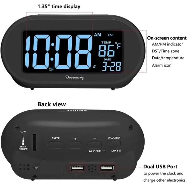 imageDreamSky Alarm Clocks for Bedrooms Auto Set Digital Desk Clock for Bedside Nightstand Electric Clock with Dimmable Brightness Dimmer Auto DST USB Port Date Temperature SnoozeBlack