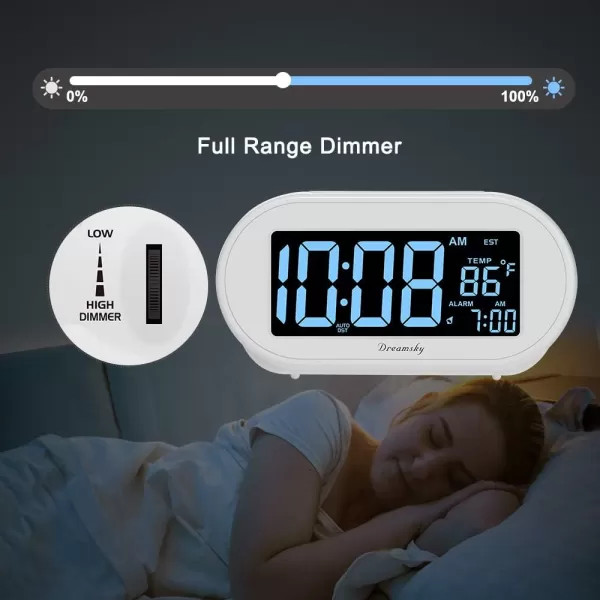 imageDreamSky Alarm Clocks for Bedrooms Auto Set Digital Desk Clock for Bedside Nightstand Electric Clock with Dimmable Brightness Dimmer Auto DST USB Port Date Temperature SnoozeWhite