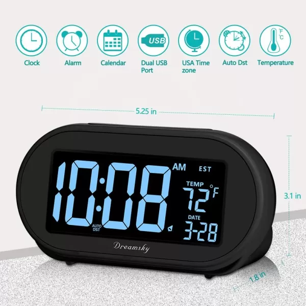 imageDreamSky Alarm Clocks for Bedrooms Auto Set Digital Desk Clock for Bedside Nightstand Electric Clock with Dimmable Brightness Dimmer Auto DST USB Port Date Temperature SnoozeBlack