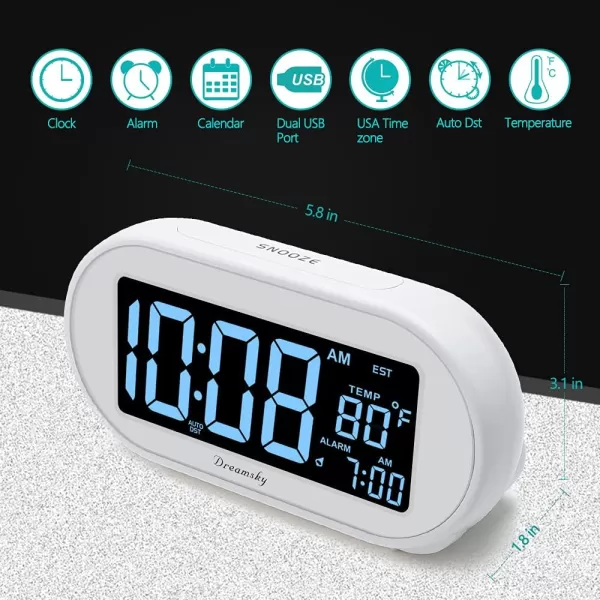 imageDreamSky Alarm Clocks for Bedrooms Auto Set Digital Desk Clock for Bedside Nightstand Electric Clock with Dimmable Brightness Dimmer Auto DST USB Port Date Temperature SnoozeWhite