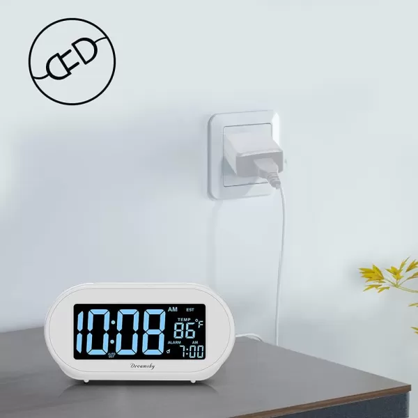 imageDreamSky Alarm Clocks for Bedrooms Auto Set Digital Desk Clock for Bedside Nightstand Electric Clock with Dimmable Brightness Dimmer Auto DST USB Port Date Temperature SnoozeWhite