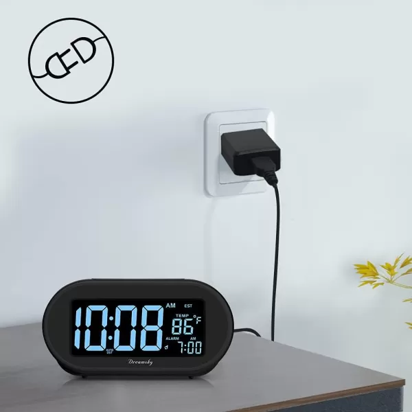 imageDreamSky Alarm Clocks for Bedrooms Auto Set Digital Desk Clock for Bedside Nightstand Electric Clock with Dimmable Brightness Dimmer Auto DST USB Port Date Temperature SnoozeBlack