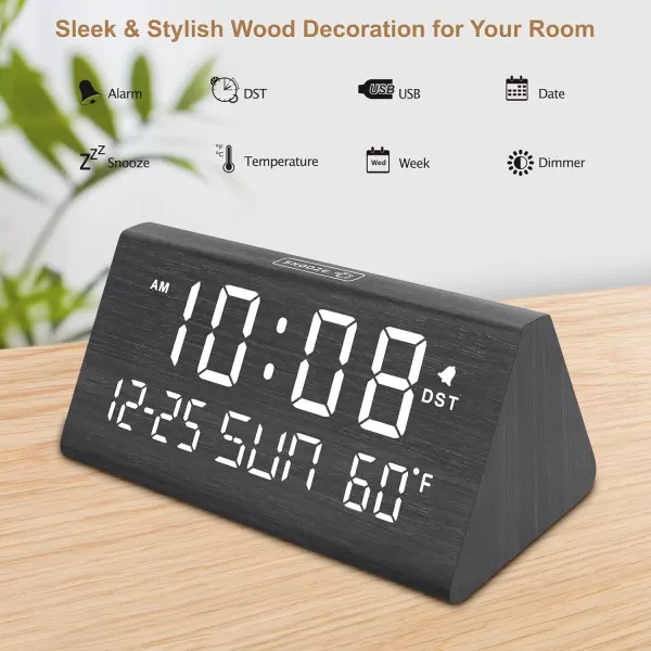 imageDreamSky Wooden Digital Alarm Clock for Bedroom  77quot Electric Clocks with USB Port Large Numbers Temperature 0100 Brightness Dimmer Adjustable Alarm Volume Snooze 1224HBlack  Date  Day