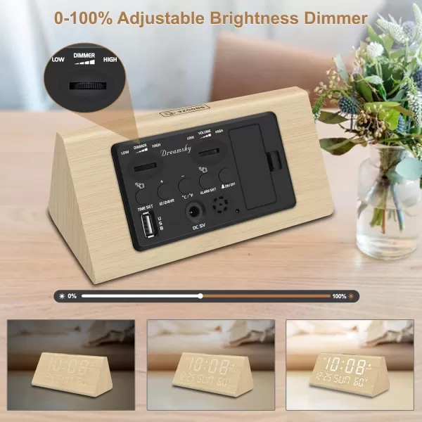 imageDreamSky Wooden Digital Alarm Clock for Bedroom  77quot Electric Clocks with USB Port Large Numbers Temperature 0100 Brightness Dimmer Adjustable Alarm Volume Snooze 1224HBamboowhite