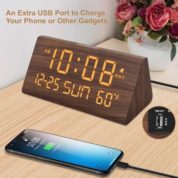 imageDreamSky Wooden Digital Alarm Clock for Bedroom  77quot Electric Clocks with USB Port Large Numbers Temperature 0100 Brightness Dimmer Adjustable Alarm Volume Snooze 1224HBrown  Date  Day