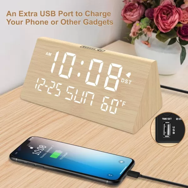 imageDreamSky Wooden Digital Alarm Clock for Bedroom  77quot Electric Clocks with USB Port Large Numbers Temperature 0100 Brightness Dimmer Adjustable Alarm Volume Snooze 1224HBamboowhite