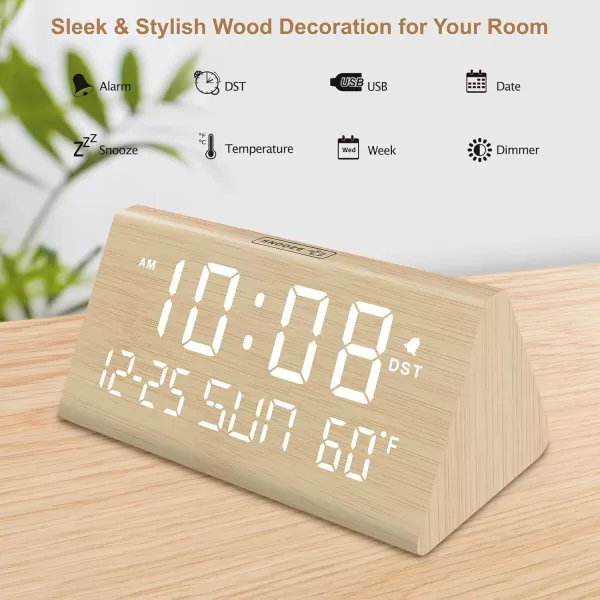 imageDreamSky Wooden Digital Alarm Clock for Bedroom  77quot Electric Clocks with USB Port Large Numbers Temperature 0100 Brightness Dimmer Adjustable Alarm Volume Snooze 1224HBamboowhite