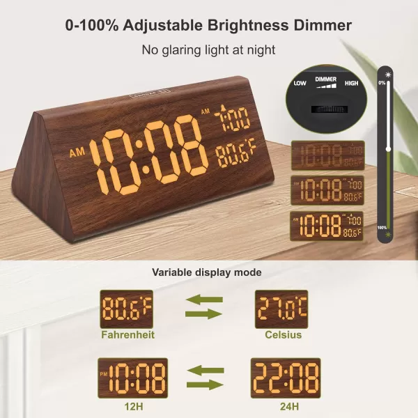 imageDreamSky Wooden Digital Alarm Clock for Bedroom  77quot Electric Clocks with USB Port Large Numbers Temperature 0100 Brightness Dimmer Adjustable Alarm Volume Snooze 1224HBrown Wood