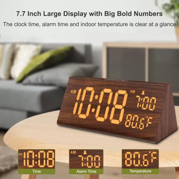 imageDreamSky Wooden Digital Alarm Clock for Bedroom  77quot Electric Clocks with USB Port Large Numbers Temperature 0100 Brightness Dimmer Adjustable Alarm Volume Snooze 1224HBrown Wood