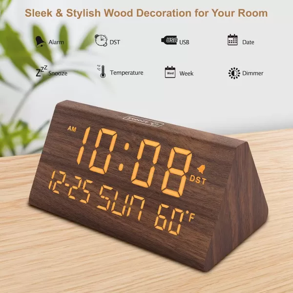 imageDreamSky Wooden Digital Alarm Clock for Bedroom  77quot Electric Clocks with USB Port Large Numbers Temperature 0100 Brightness Dimmer Adjustable Alarm Volume Snooze 1224HBrown  Date  Day