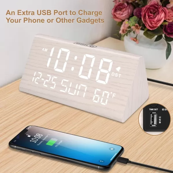 imageDreamSky Wooden Digital Alarm Clock for Bedroom  77quot Electric Clocks with USB Port Large Numbers Temperature 0100 Brightness Dimmer Adjustable Alarm Volume Snooze 1224HWhite  Date  Day