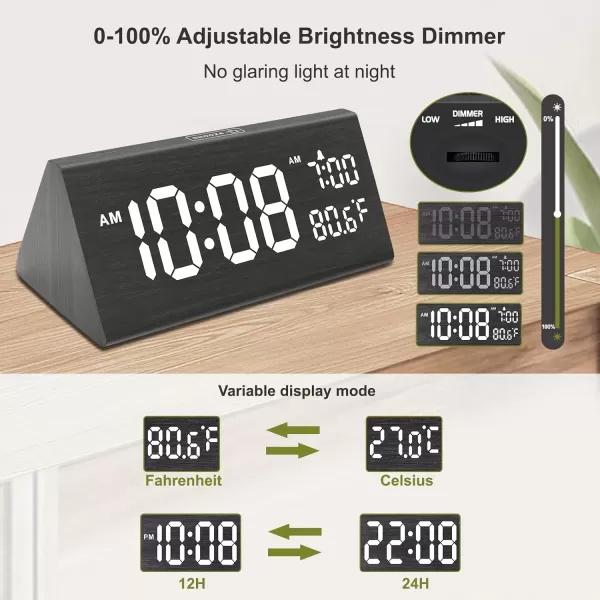 imageDreamSky Wooden Digital Alarm Clock for Bedroom  77quot Electric Clocks with USB Port Large Numbers Temperature 0100 Brightness Dimmer Adjustable Alarm Volume Snooze 1224HBlack Wood