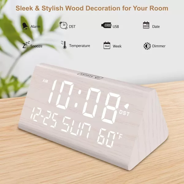 imageDreamSky Wooden Digital Alarm Clock for Bedroom  77quot Electric Clocks with USB Port Large Numbers Temperature 0100 Brightness Dimmer Adjustable Alarm Volume Snooze 1224HWhite  Date  Day