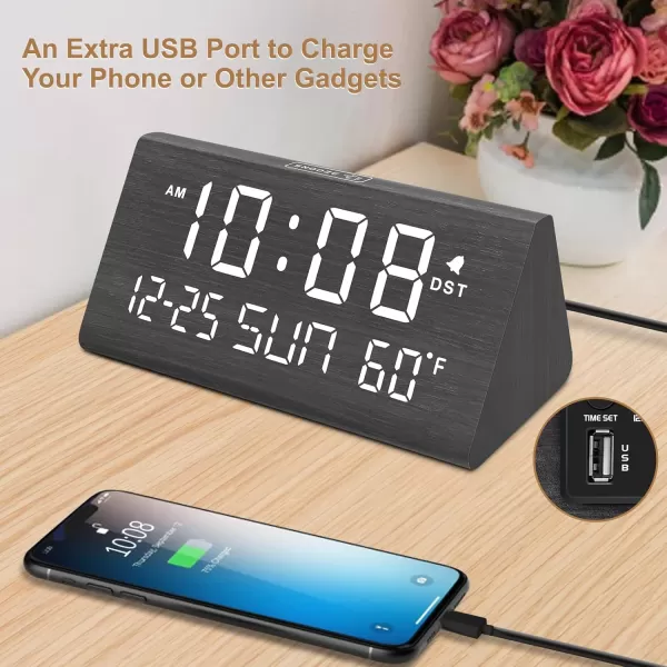 imageDreamSky Wooden Digital Alarm Clock for Bedroom  77quot Electric Clocks with USB Port Large Numbers Temperature 0100 Brightness Dimmer Adjustable Alarm Volume Snooze 1224HBlack  Date  Day