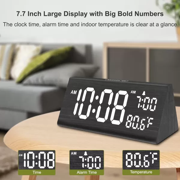 imageDreamSky Wooden Digital Alarm Clock for Bedroom  77quot Electric Clocks with USB Port Large Numbers Temperature 0100 Brightness Dimmer Adjustable Alarm Volume Snooze 1224HBlack Wood