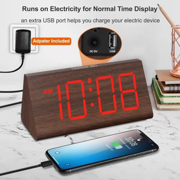 imageDreamSky Wooden Digital Alarm Clocks for Bedrooms  Electric Desk Clock with Large Numbers USB Port Battery Backup Alarm Adjustable Volume Dimmer Snooze DST 1224H Living Room Wood Dcor RedBrownred