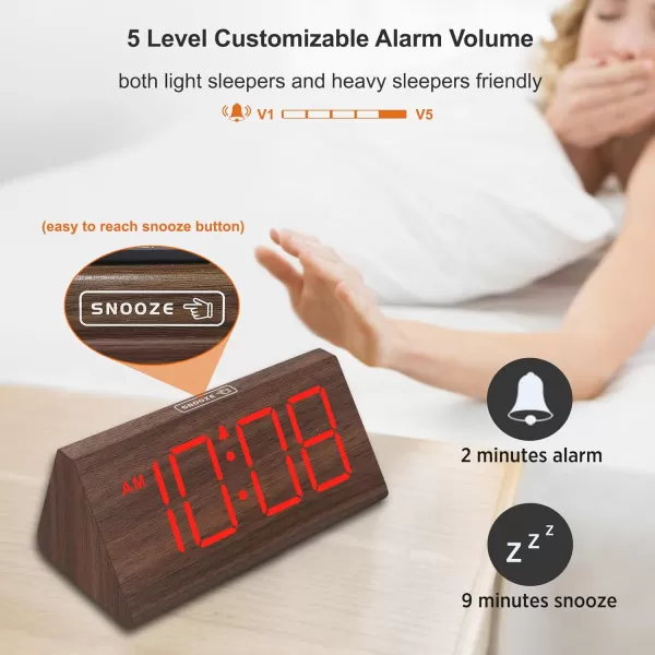 imageDreamSky Wooden Digital Alarm Clocks for Bedrooms  Electric Desk Clock with Large Numbers USB Port Battery Backup Alarm Adjustable Volume Dimmer Snooze DST 1224H Living Room Wood Dcor RedBrownred