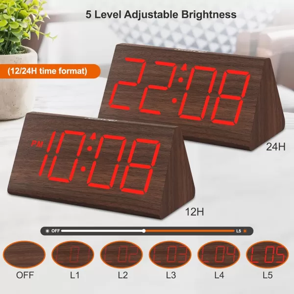 imageDreamSky Wooden Digital Alarm Clocks for Bedrooms  Electric Desk Clock with Large Numbers USB Port Battery Backup Alarm Adjustable Volume Dimmer Snooze DST 1224H Living Room Wood Dcor RedBrownred