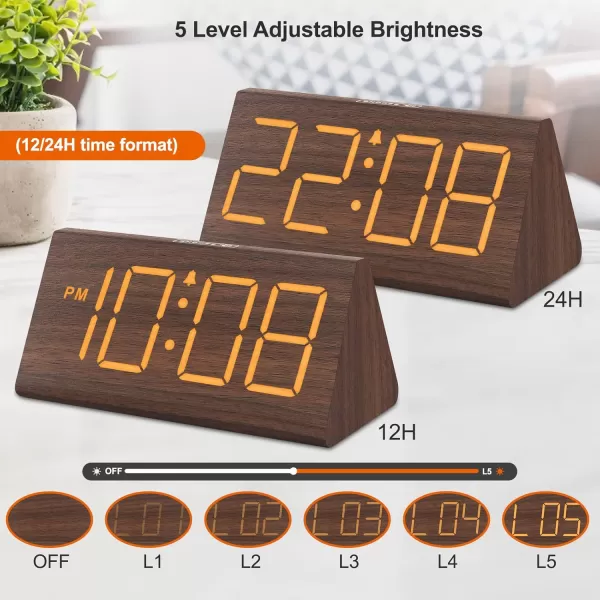 imageDreamSky Wooden Digital Alarm Clocks for Bedrooms  Electric Desk Clock with Large Numbers USB Port Battery Backup Alarm Adjustable Volume Dimmer Snooze DST 1224H Living Room Wood Dcor RedBrown