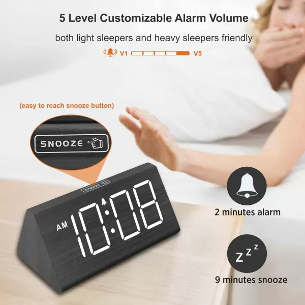 imageDreamSky Wooden Digital Alarm Clocks for Bedrooms  Electric Desk Clock with Large Numbers USB Port Loud Alarm for Heavy Sleepers Adjustable Volume Dimmer Snooze DST 1224H Wood Dcor GiftsBlack