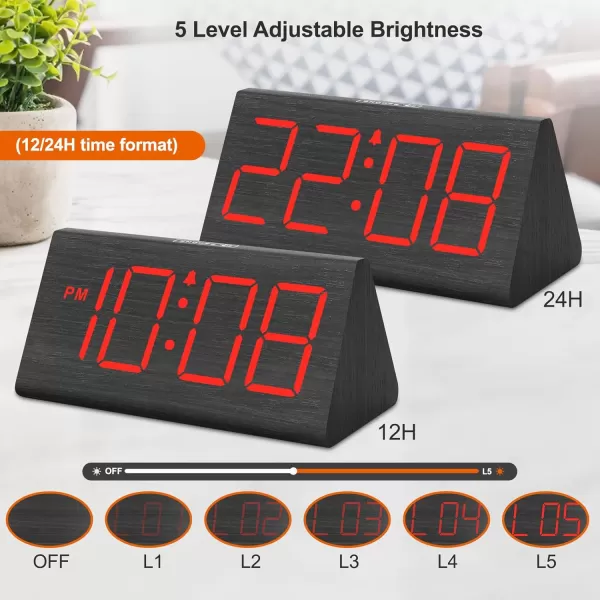 imageDreamSky Wooden Digital Alarm Clocks for Bedrooms  Electric Desk Clock with Large Numbers USB Port Loud Alarm for Heavy Sleepers Adjustable Volume Dimmer Snooze DST 1224H Wood Dcor GiftsBlackred