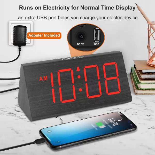 imageDreamSky Wooden Digital Alarm Clocks for Bedrooms  Electric Desk Clock with Large Numbers USB Port Loud Alarm for Heavy Sleepers Adjustable Volume Dimmer Snooze DST 1224H Wood Dcor GiftsBlackred
