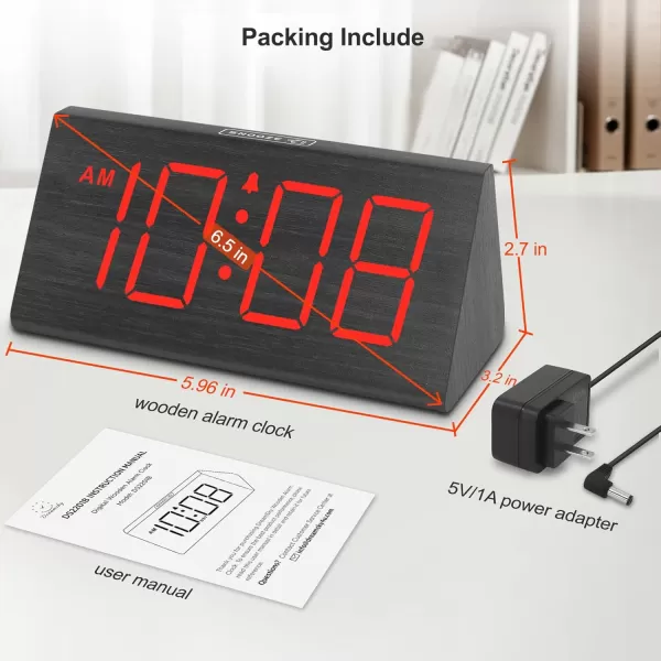 imageDreamSky Wooden Digital Alarm Clocks for Bedrooms  Electric Desk Clock with Large Numbers USB Port Loud Alarm for Heavy Sleepers Adjustable Volume Dimmer Snooze DST 1224H Wood Dcor GiftsBlackred