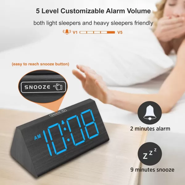 imageDreamSky Wooden Digital Alarm Clocks for Bedrooms  Electric Desk Clock with Large Numbers USB Port Loud Alarm for Heavy Sleepers Adjustable Volume Dimmer Snooze DST 1224H Wood Dcor GiftsBlackblue