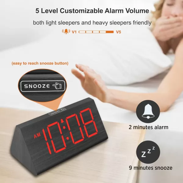 imageDreamSky Wooden Digital Alarm Clocks for Bedrooms  Electric Desk Clock with Large Numbers USB Port Loud Alarm for Heavy Sleepers Adjustable Volume Dimmer Snooze DST 1224H Wood Dcor GiftsBlackred