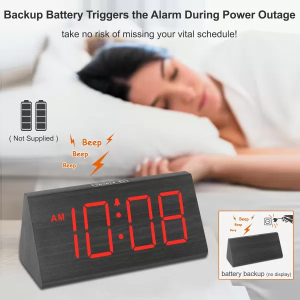imageDreamSky Wooden Digital Alarm Clocks for Bedrooms  Electric Desk Clock with Large Numbers USB Port Loud Alarm for Heavy Sleepers Adjustable Volume Dimmer Snooze DST 1224H Wood Dcor GiftsBlackred