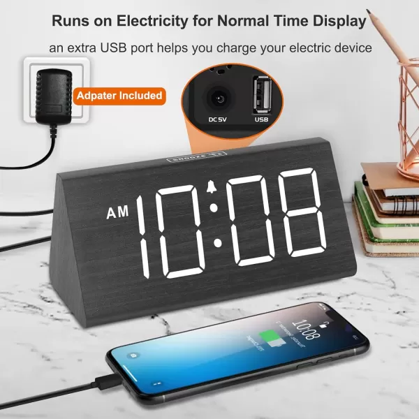 imageDreamSky Wooden Digital Alarm Clocks for Bedrooms  Electric Desk Clock with Large Numbers USB Port Loud Alarm for Heavy Sleepers Adjustable Volume Dimmer Snooze DST 1224H Wood Dcor GiftsBlack