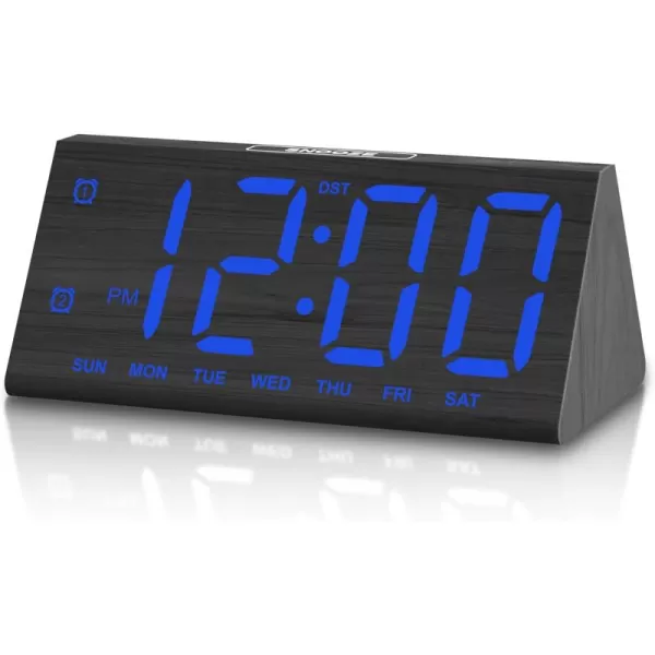 imageJALL Wooden Digital Alarm Clocks for Bedrooms Large Bold Digits Electric Desk Clock with Dual Alarm USB Port DST Auto Dimmer for Wood Decor Bedside Gift BlackBlackblue