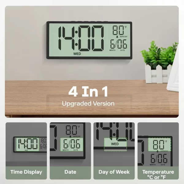 imageJALL 145quot Large Digital Wall Clock Battery Operated with Big Digits LCD Screen Display Day Date Alarm Auto DST Temperature for Living Room Bedroom Desk Decor Mounted Gift for Elderly