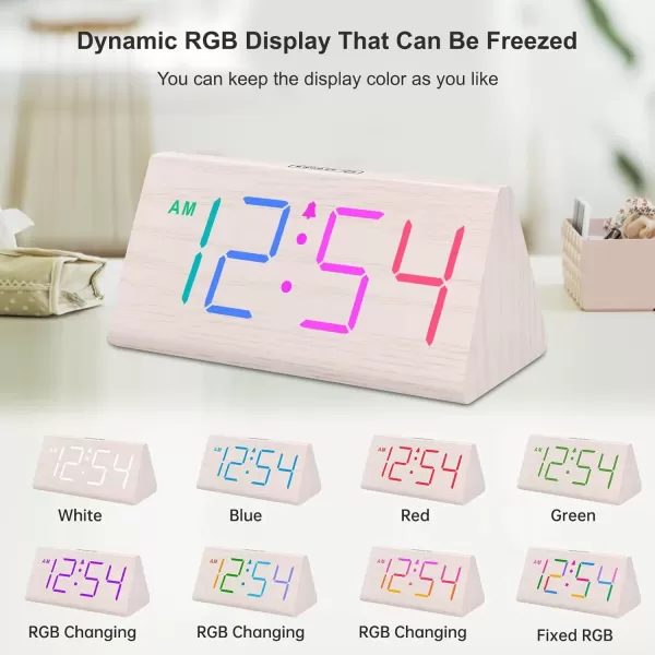 imageDreamSky Wooden Digital Alarm Clock for Bedroom  RGB Electric Desk Clock with Large Numbers USB Port Loud Alarm for Heavy Sleepers Dimmer and Volume Control Snooze 1224H Wood DcorWhitergb