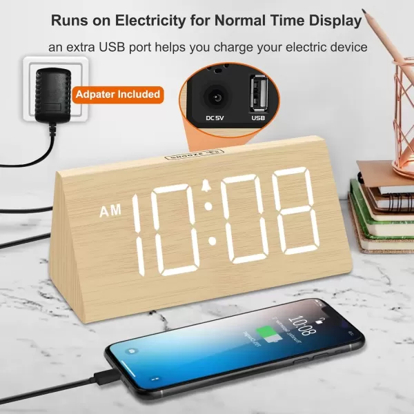 imageDreamSky Wooden Digital Alarm Clock for Bedroom  RGB Electric Desk Clock with Large Numbers USB Port Loud Alarm for Heavy Sleepers Dimmer and Volume Control Snooze 1224H Wood DcorWhite