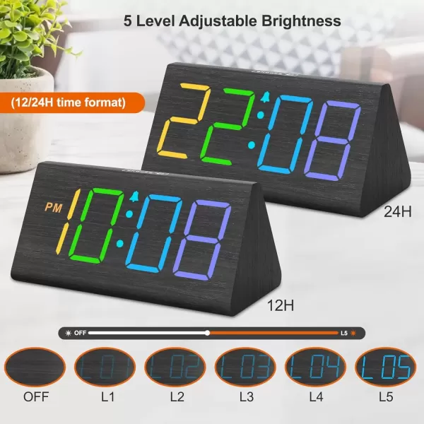 imageDreamSky Wooden Digital Alarm Clock for Bedroom  RGB Electric Desk Clock with Large Numbers USB Port Loud Alarm for Heavy Sleepers Dimmer and Volume Control Snooze 1224H Wood DcorBlackrgb