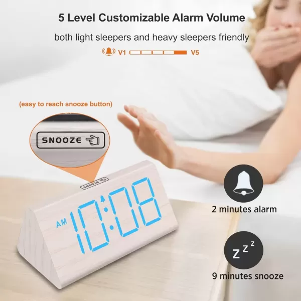 imageDreamSky Wooden Digital Alarm Clock for Bedroom  RGB Electric Desk Clock with Large Numbers USB Port Loud Alarm for Heavy Sleepers Dimmer and Volume Control Snooze 1224H Wood DcorWhiteblue