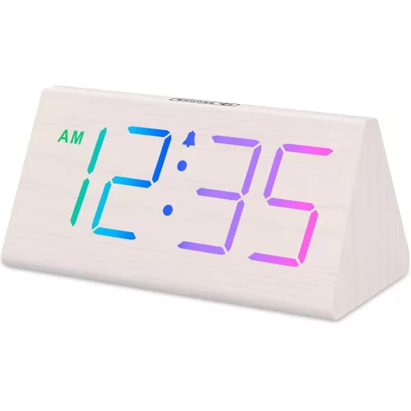 imageDreamSky Wooden Digital Alarm Clock for Bedroom  RGB Electric Desk Clock with Large Numbers USB Port Loud Alarm for Heavy Sleepers Dimmer and Volume Control Snooze 1224H Wood DcorWhitergb