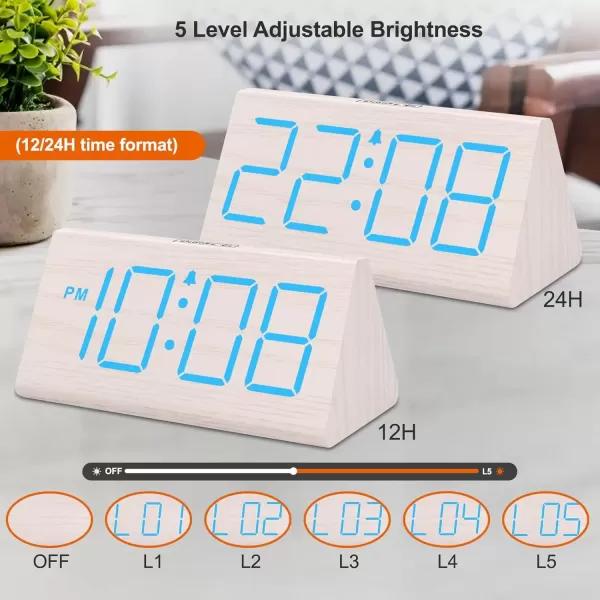 imageDreamSky Wooden Digital Alarm Clock for Bedroom  RGB Electric Desk Clock with Large Numbers USB Port Loud Alarm for Heavy Sleepers Dimmer and Volume Control Snooze 1224H Wood DcorWhiteblue