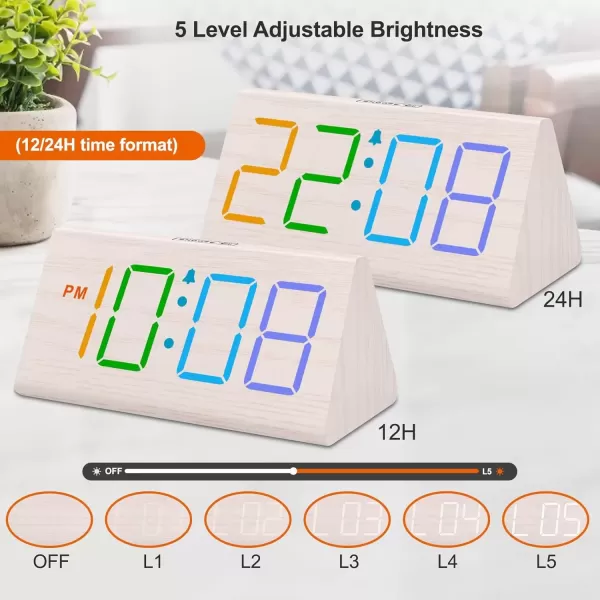 imageDreamSky Wooden Digital Alarm Clock for Bedroom  RGB Electric Desk Clock with Large Numbers USB Port Loud Alarm for Heavy Sleepers Dimmer and Volume Control Snooze 1224H Wood DcorWhitergb