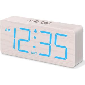 imageDreamSky Wooden Digital Alarm Clock for Bedroom  Wood Desk Clocks for Living Room with Large Numbers Dimmer USB Port Loud Alarm for Heavy Sleepers with Volume Control DSTBlue