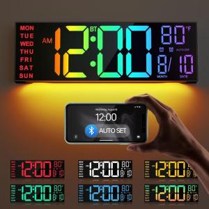 imageJALL 162quot Large Digital Wall Clock with Bluetooth Sync Alarm Big LED 8 RGB Color Auto DST Temperature for Living Room Bedroom Desk Mount Xmas Birthday Gift for Aged Elderly Mother FatherBlack  Bluetooth