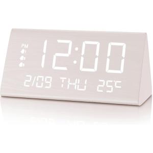 imageJALL Digital Alarm Clock with Wooden Electronic LED Time Display 3 Alarm Settings WeekdayWeekend Mode Temperature Detect Wood Made Electric Clocks for Office Bedroom BedsideWhite