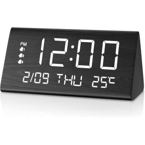imageJALL Digital Alarm Clock with Wooden Electronic LED Time Display 3 Alarm Settings WeekdayWeekend Mode Temperature Detect Wood Made Electric Clocks for Office Bedroom BedsideBlack