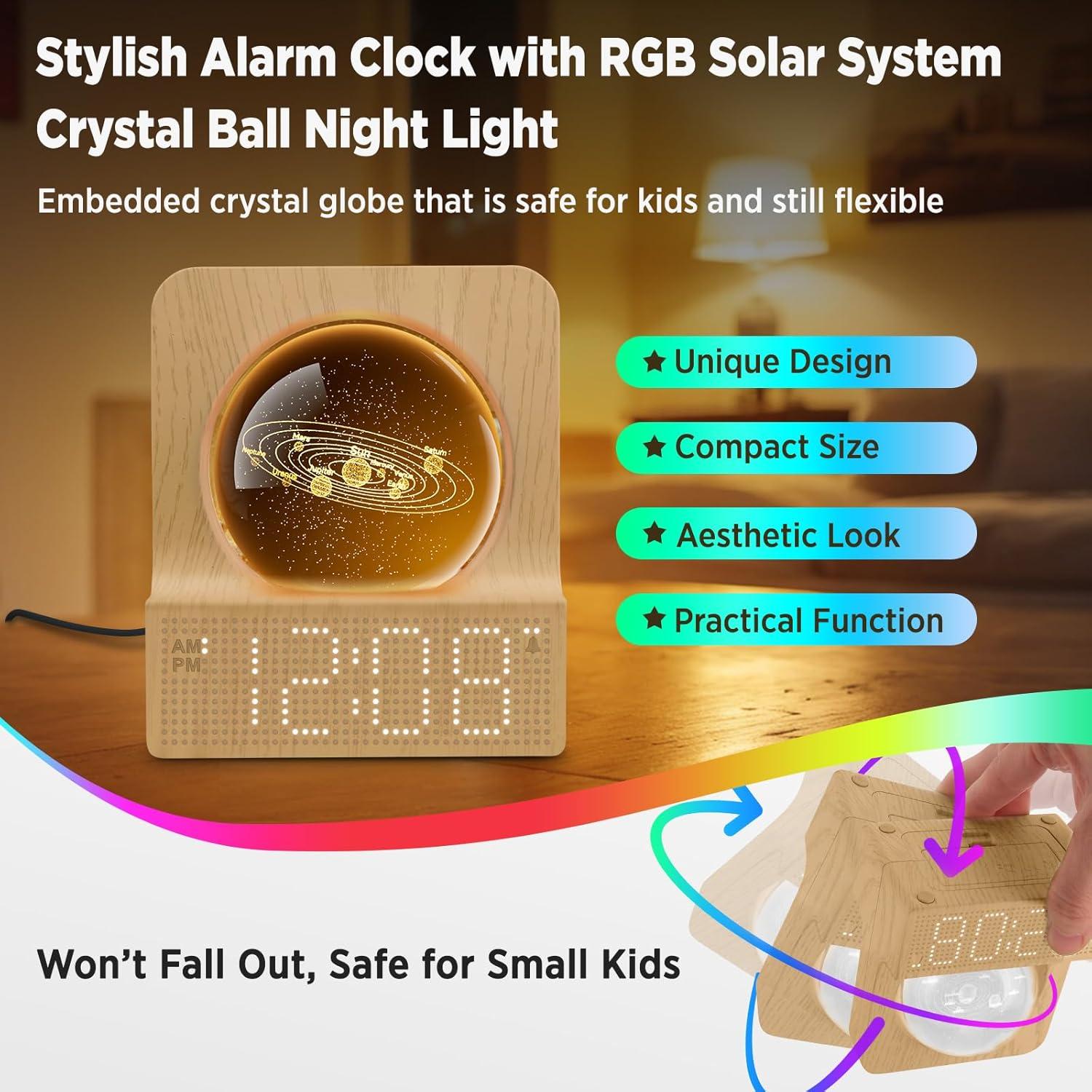 imageDreamSky Small RGB Night Light Alarm Clock for Bedroom Modern Dcor Color Changing Crystal Ball Digital Clock with Loud Alarm for Heavy Sleepers Kids 5 Brightness Dimmer ampamp Volume Boys Girls GiftsBamboo